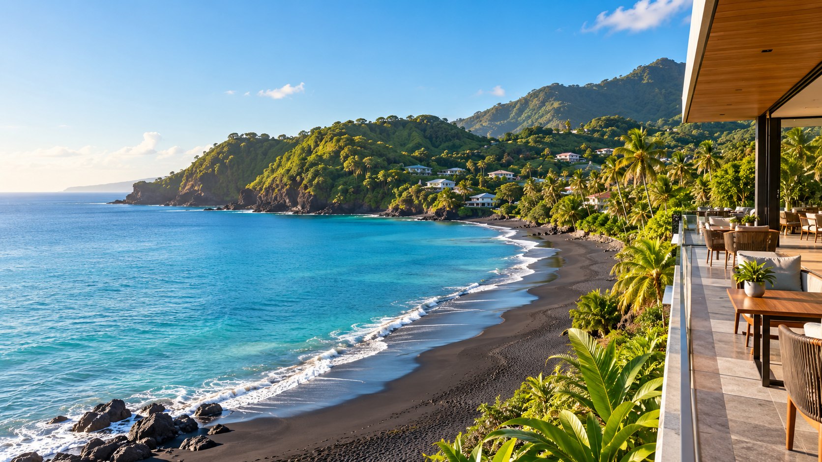 A Caribbean black sand beach with turquoise water and green coastal hills